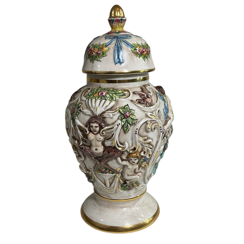 Vintage Capodimonte 3D Figural Cherubs With Flowers Lidded Ginger Jar Urn Italy - Picture 7 of 12